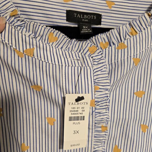 Talbots Size 3X Ruffle Band Collar Poplin Button Down Stripe Gold Heart Cotton - Picture 6 of 10